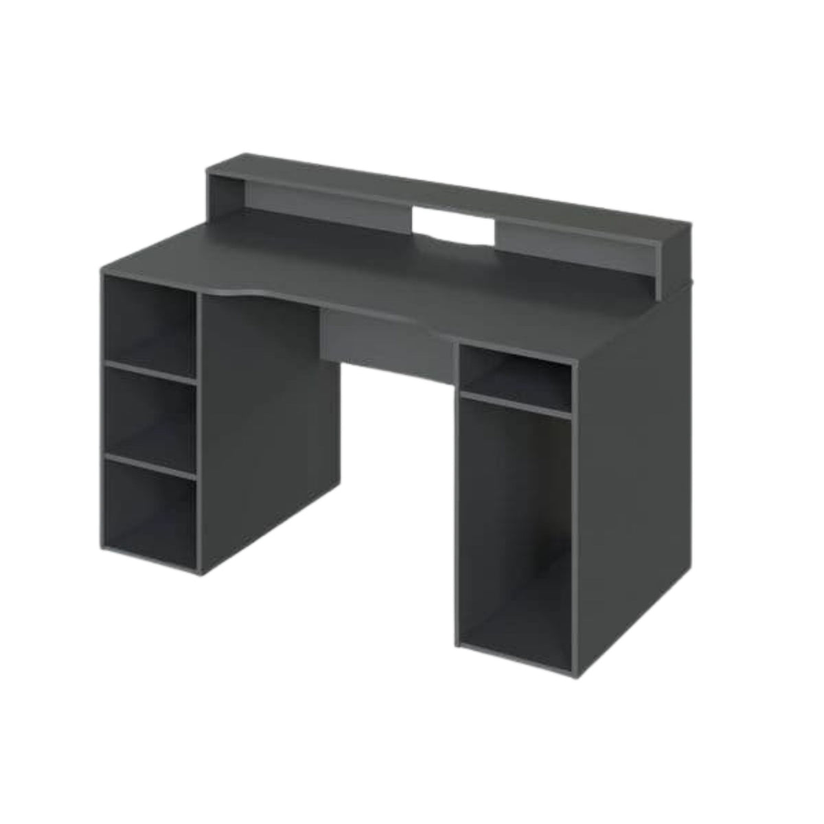 Black office desk with shelves on a white background