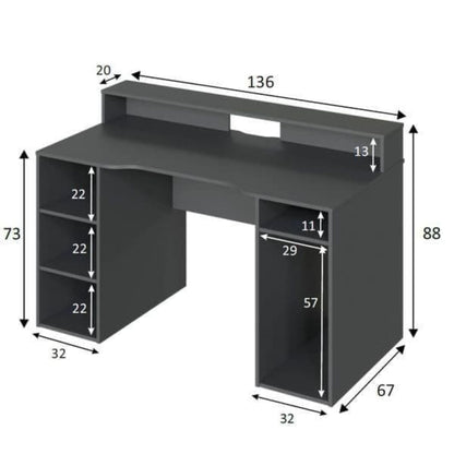 A dark gray computer desk with built-in storage shelves, shown with dimension annotations on a white background.