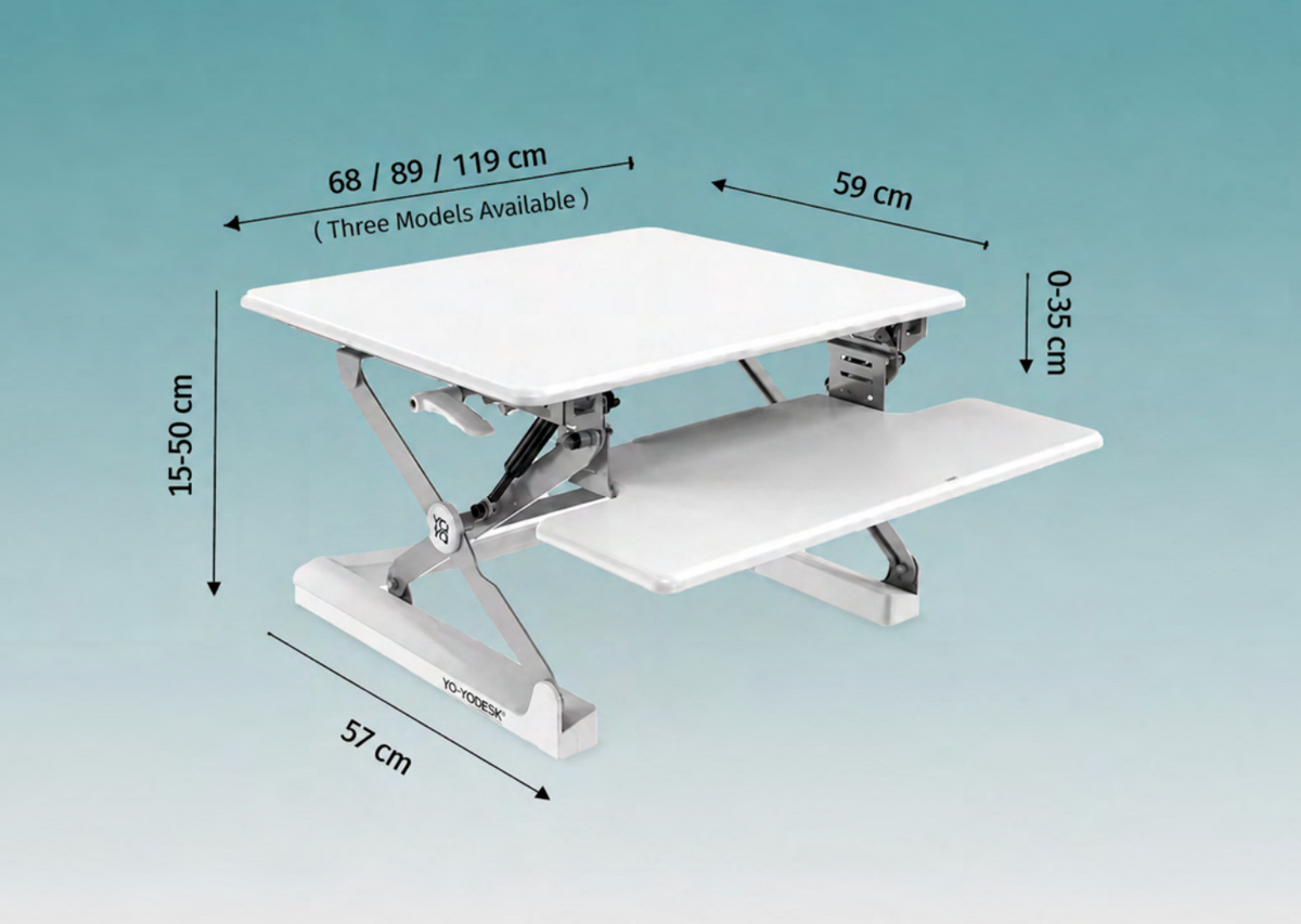 A white and silver adjustable standing desk with a keyboard tray, shown with dimension arrows and text labels indicating height, width, and depth measurements on a teal gradient background.