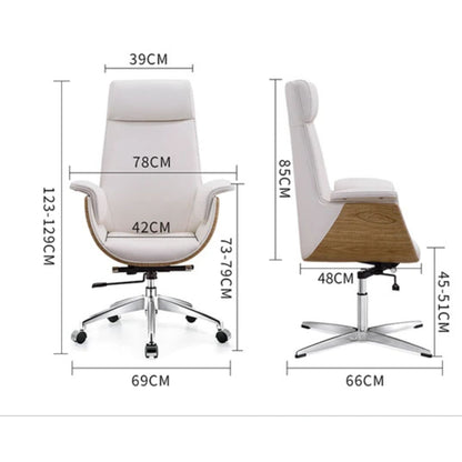 An office chair shown from front and side views with overlaid dimension labels and measurements in centimeters on a plain white background.