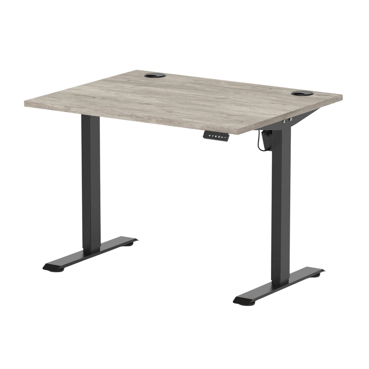 An adjustable standing desk with a light gray wood-grain desktop and a black metal T-style frame, shown on a solid white background.
