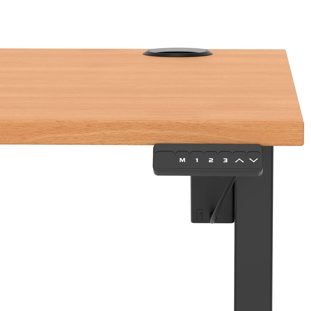 Wooden desk with a black adjustable mechanism on a white background