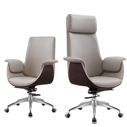 Two modern high-back office chairs with light beige leather upholstery, dark wood armrest panels, and chrome five-star rolling bases, shown on a plain white background.