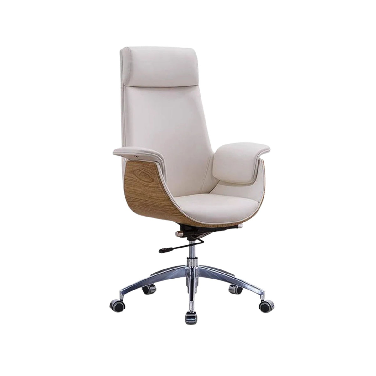 A modern high-back office chair with cream-colored leather upholstery, a natural wood grain side panel, and a chrome five-star wheeled base, shown against a plain white background.
