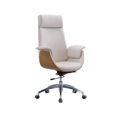 A modern high-back office chair with cream-colored leather upholstery, a natural wood grain side panel, and a chrome five-star wheeled base, shown against a plain white background.