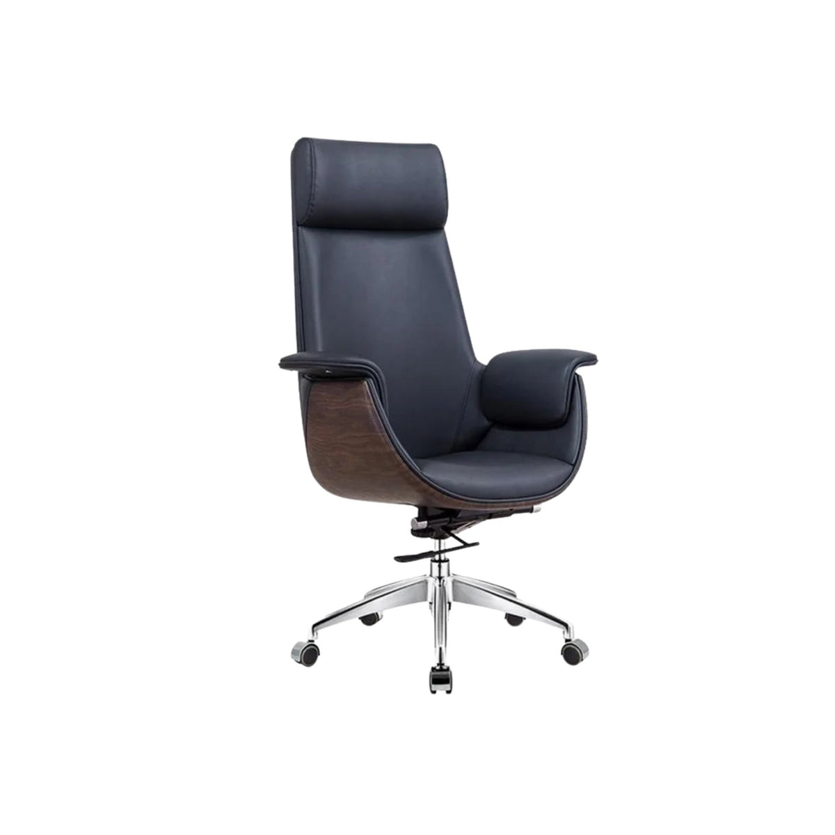 Black office chair with wooden accents on a white background