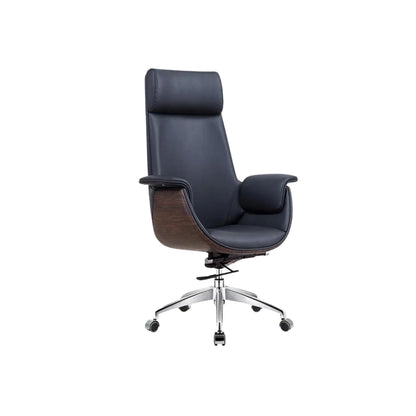 Black office chair with wooden accents on a white background
