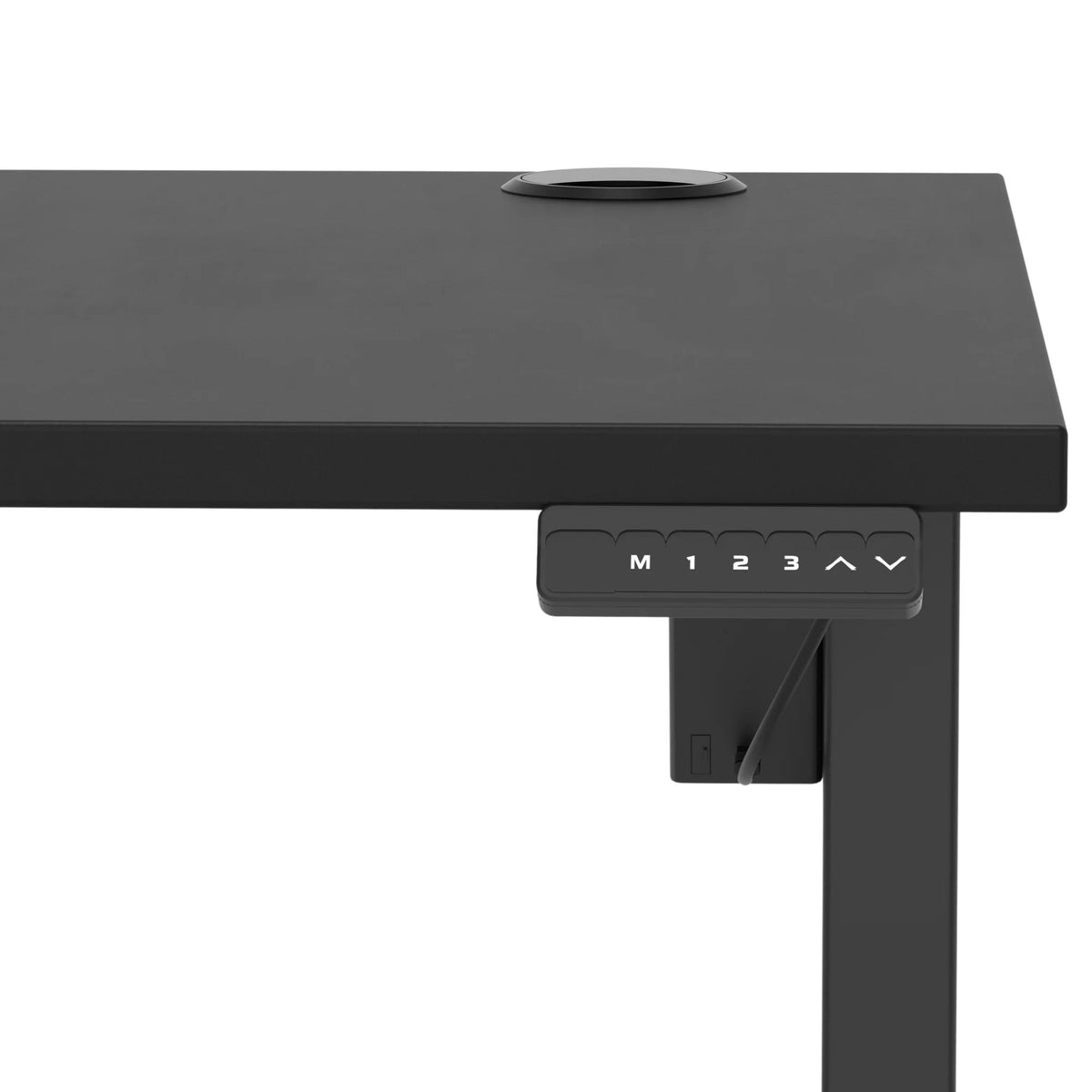 Black adjustable desk with control panel on a white background